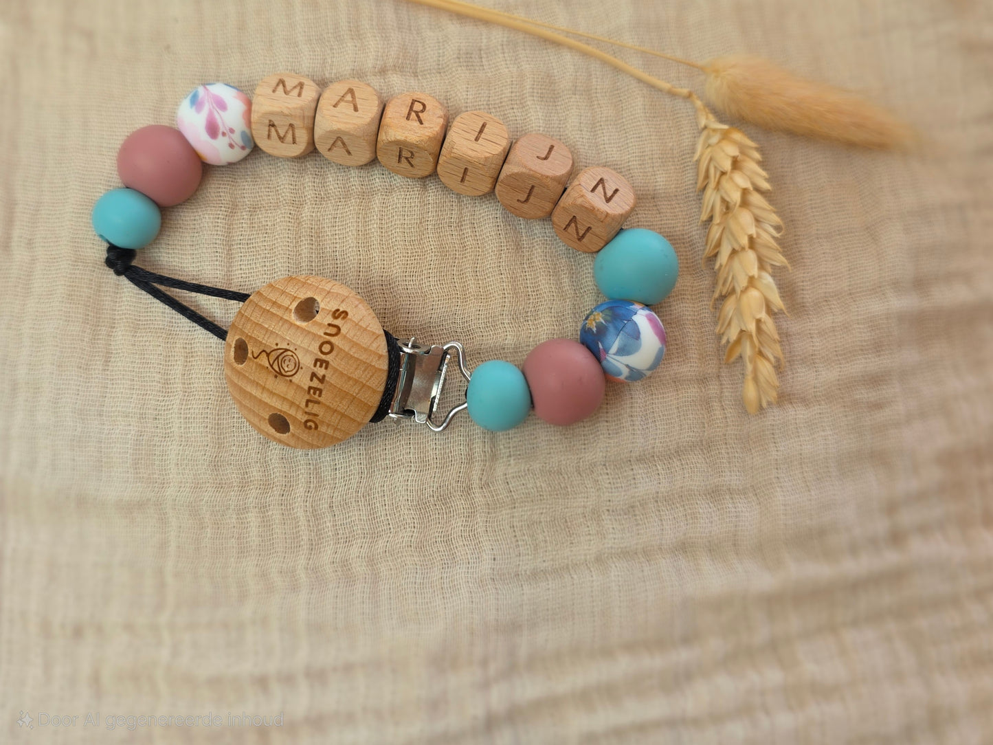 Speenkoord met naam - hout & siliconen