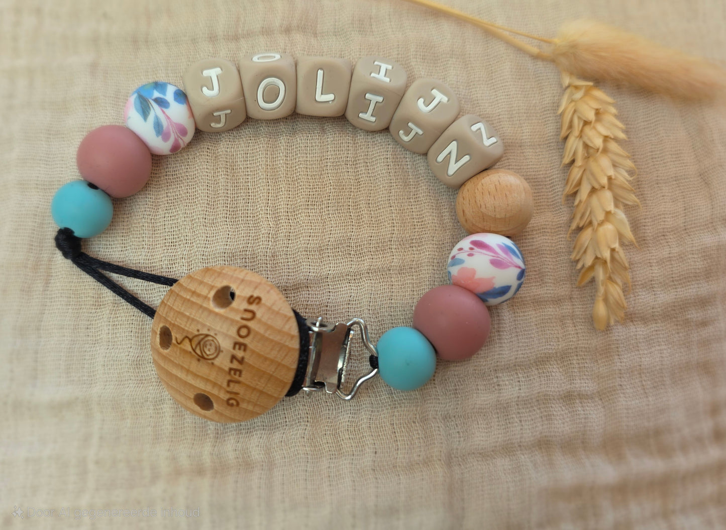 Speenkoord met naam - hout & siliconen