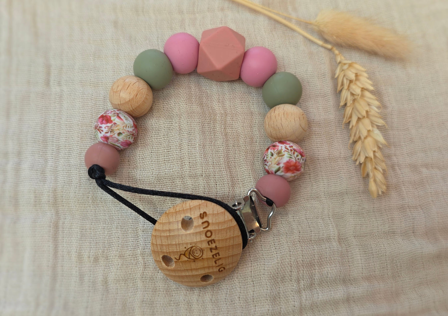 Speenkoord met naam - hout & siliconen