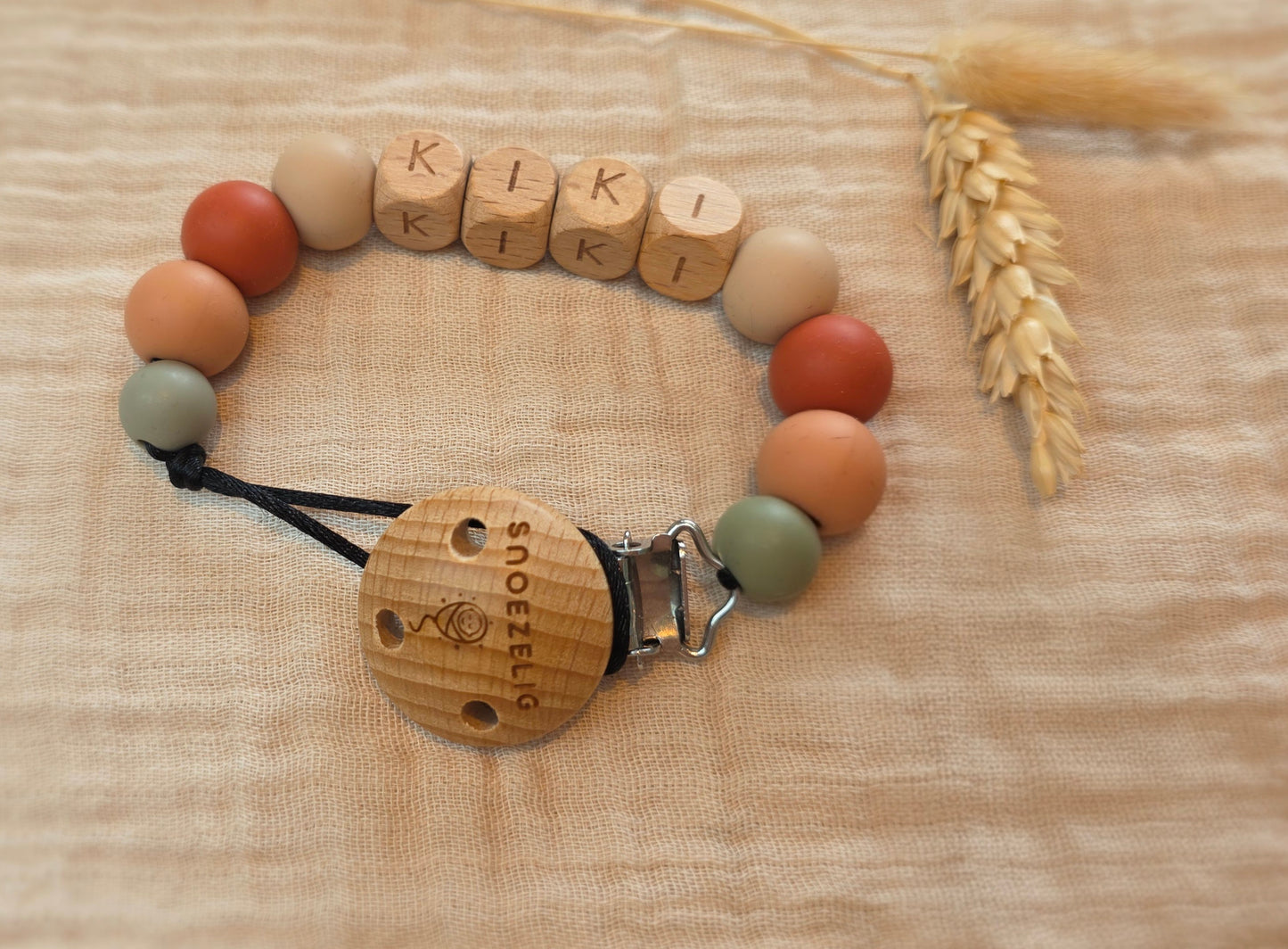 Speenkoord met naam - hout & siliconen