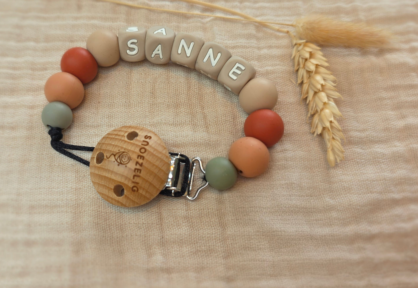 Speenkoord met naam - hout & siliconen
