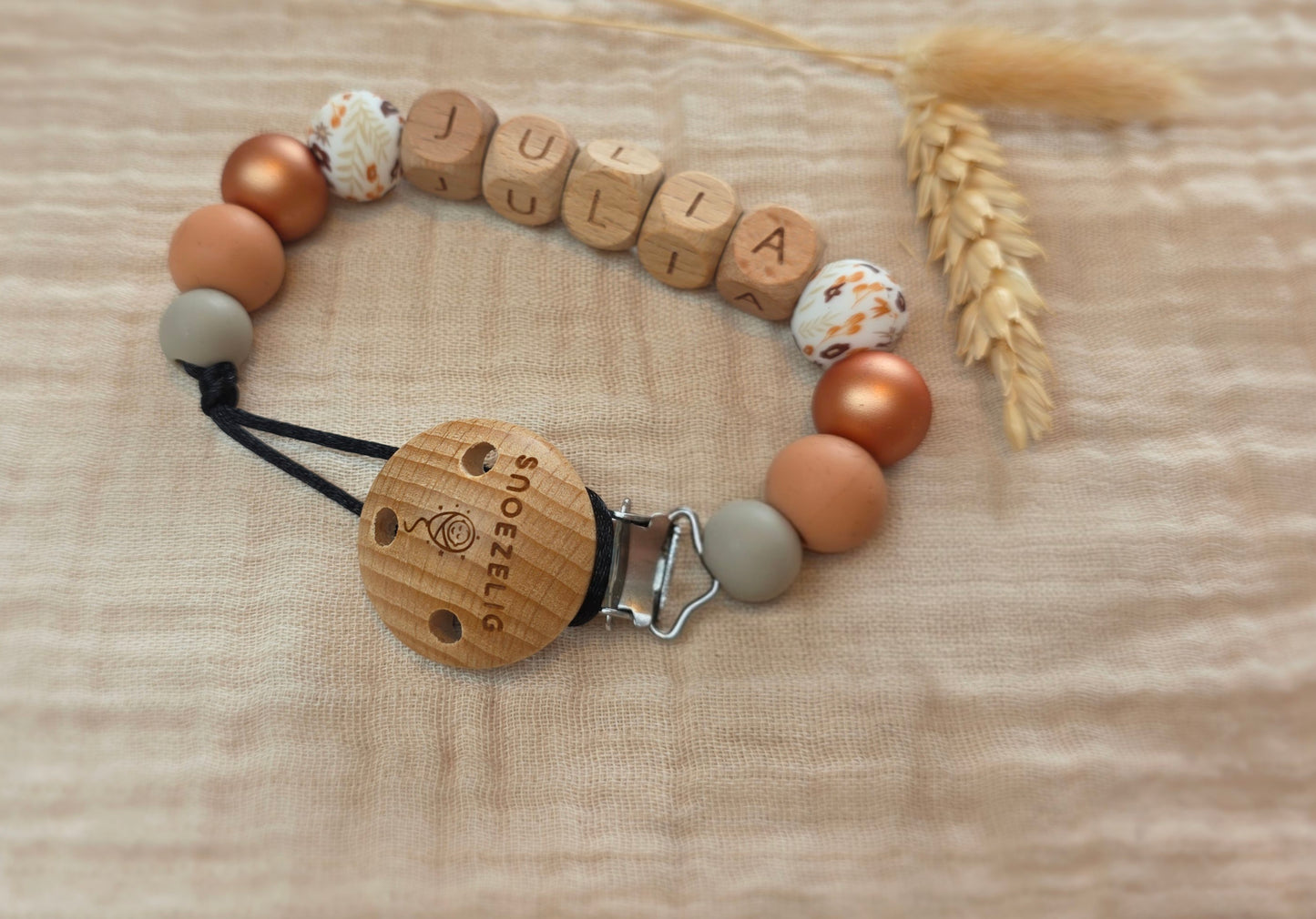 Speenkoord met naam - hout & siliconen