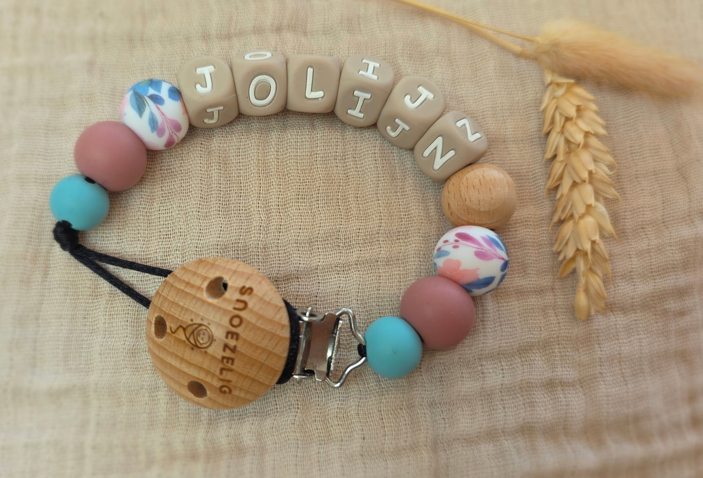 Speenkoord met naam - hout & siliconen