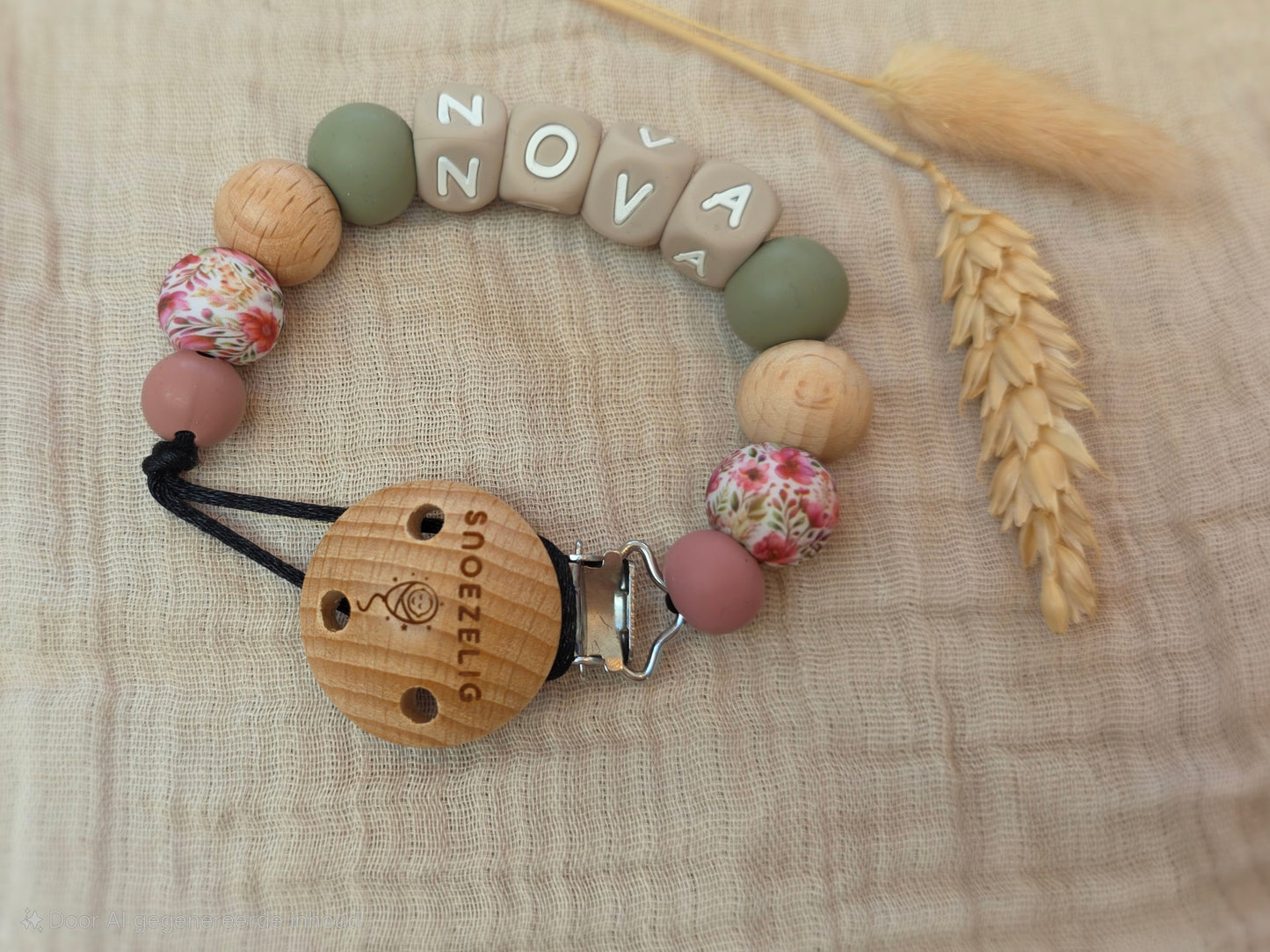 Speenkoord met naam - hout & siliconen