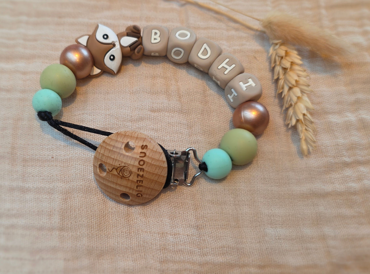 Speenkoord met naam - hout & siliconen