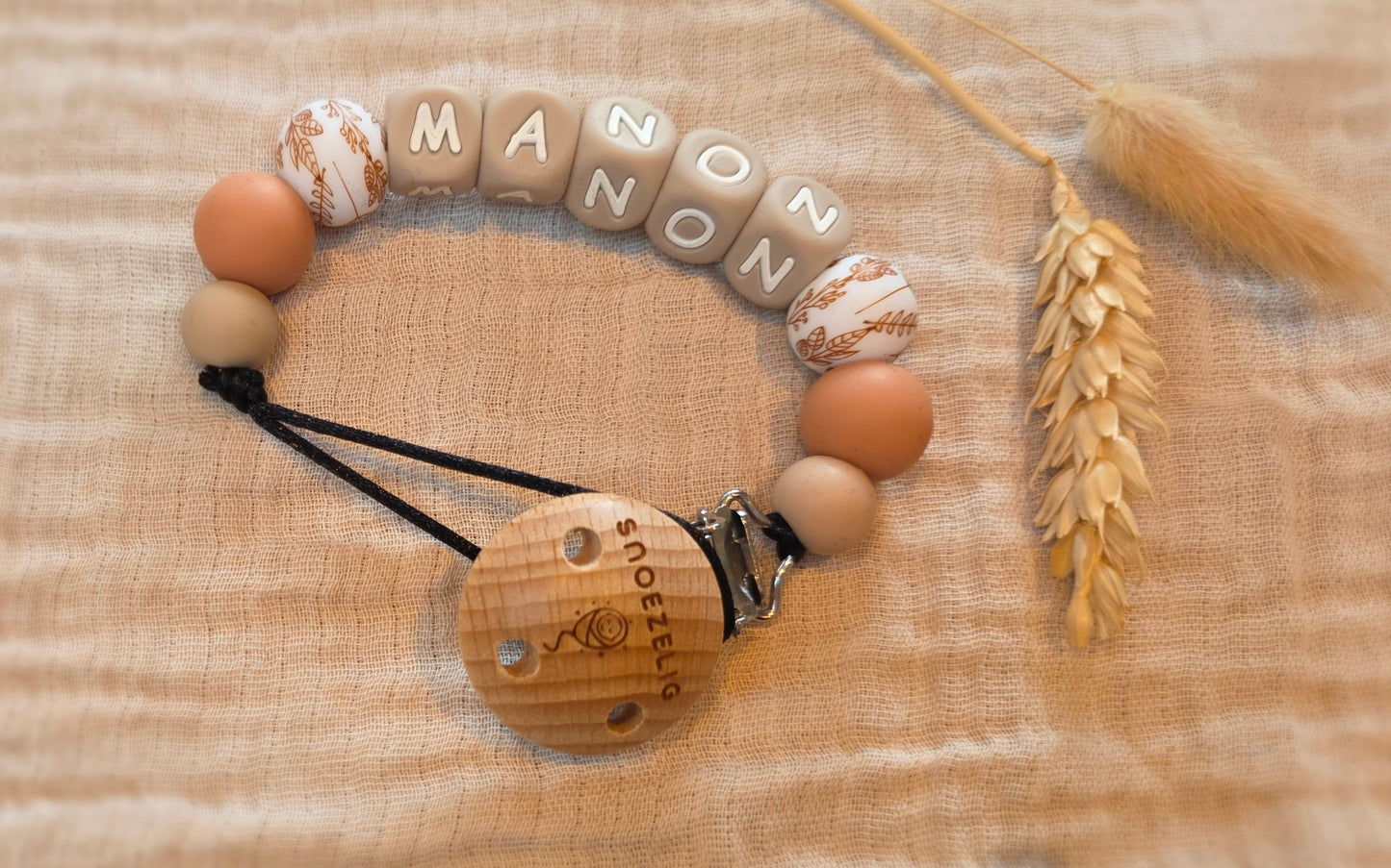 Speenkoord met naam - hout & siliconen