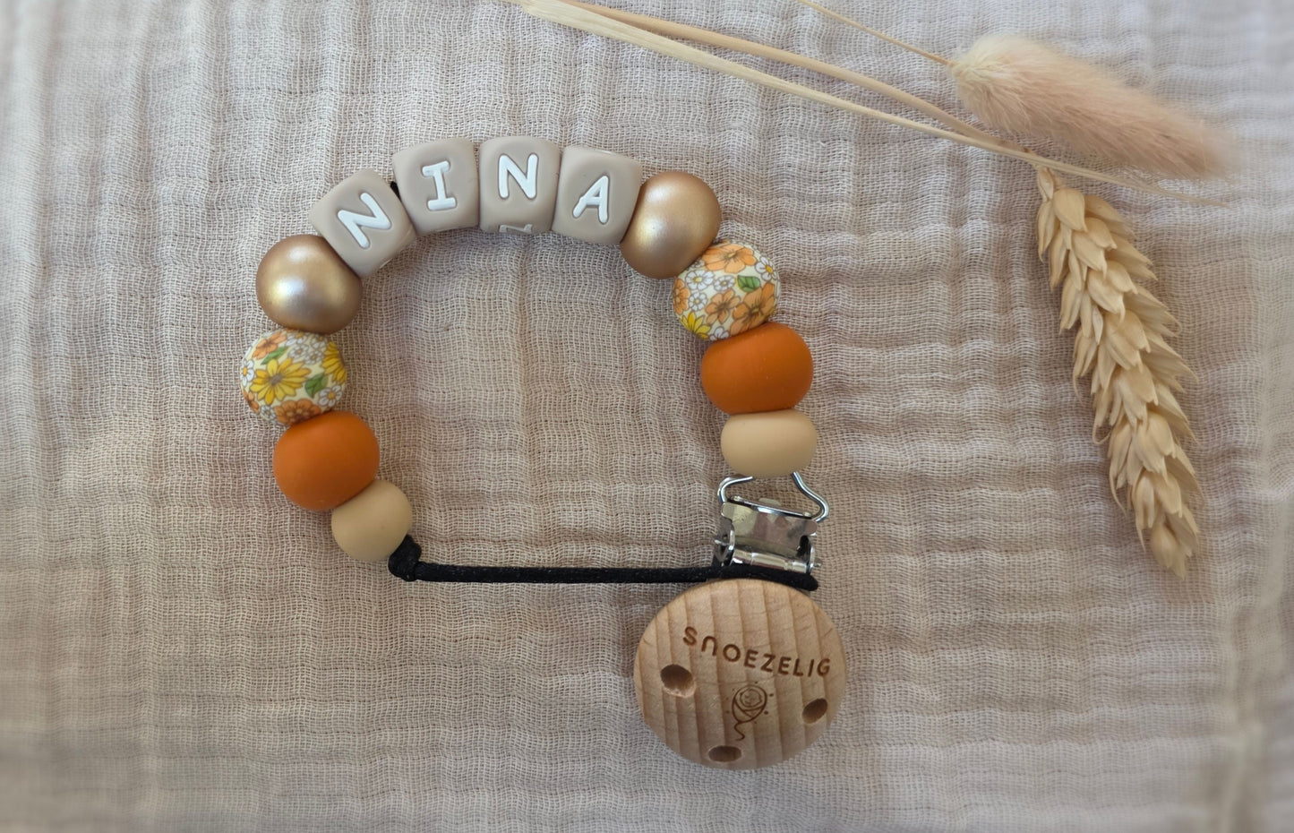 Speenkoord met naam siliconen en hout old school summer gepersonaliseerd