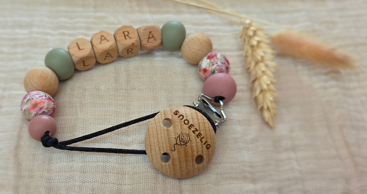 Speenkoord met naam siliconen en hout pink flower gepersonaliseerd