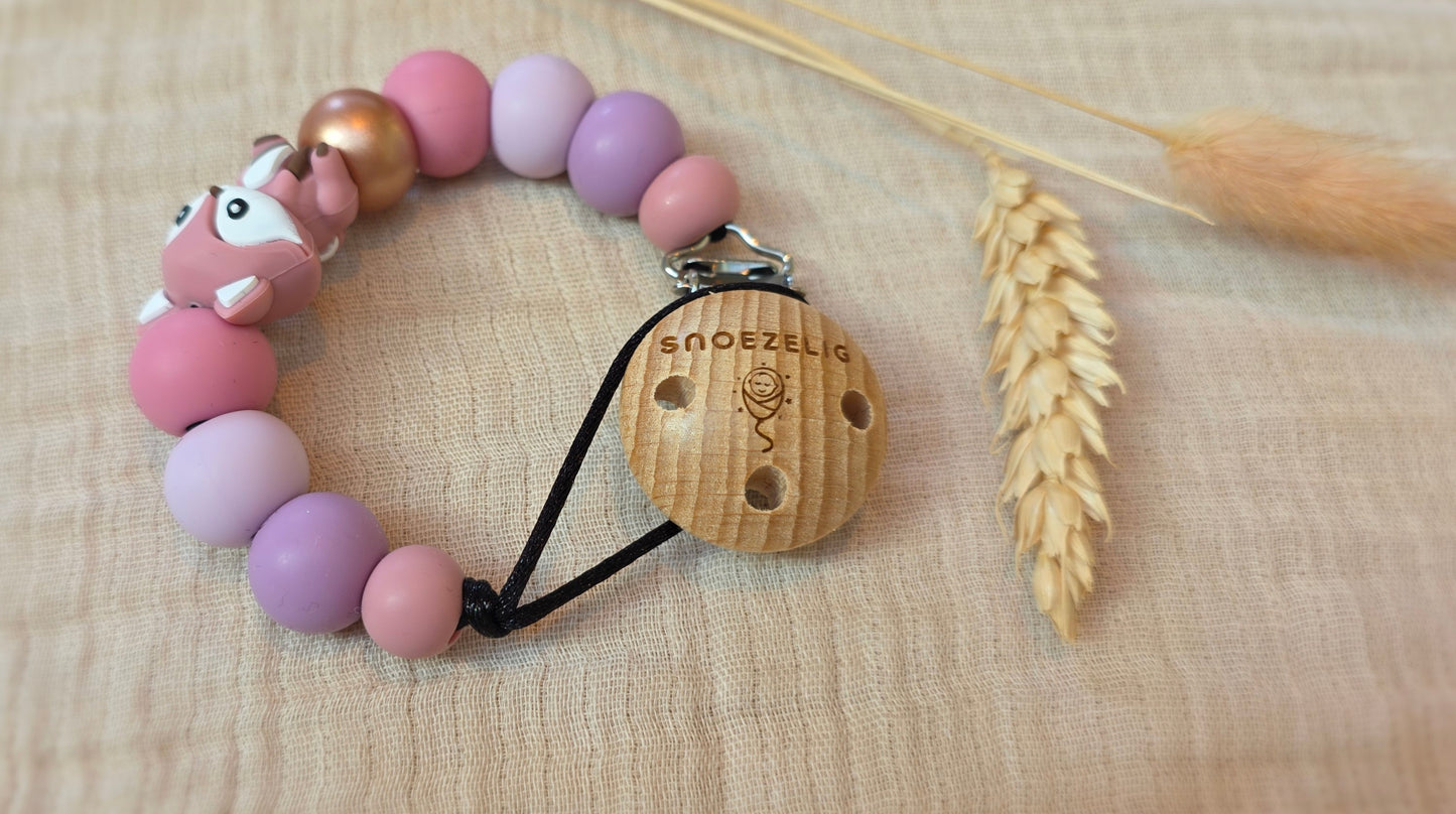 Speenkoord met naam siliconen en hout pink fox