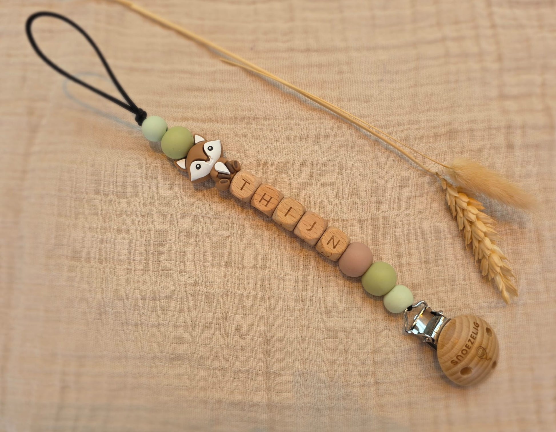 Speenkoord met naam hout bos vosje Snoezelig