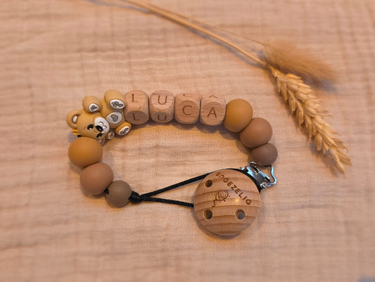 Speenkoord met naam hout knuffelbeer zand Snoezelig