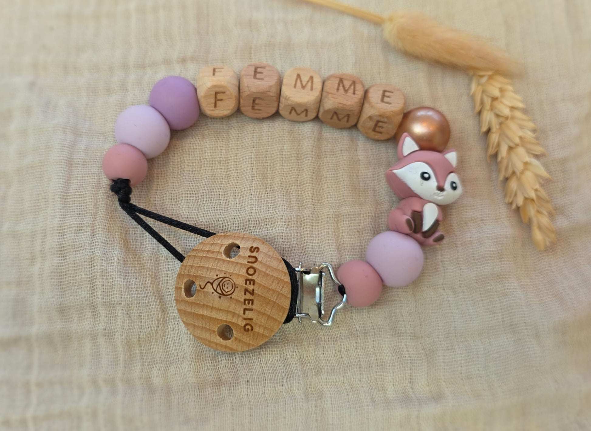 Speenkoord met naam hout roze vosje Snoezelig