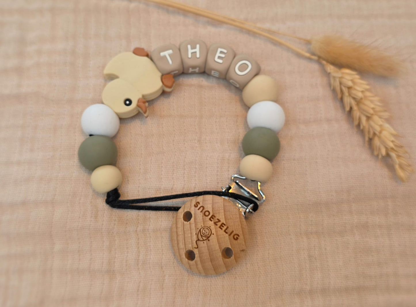 Speenkoord met naam siliconen eendje natuur