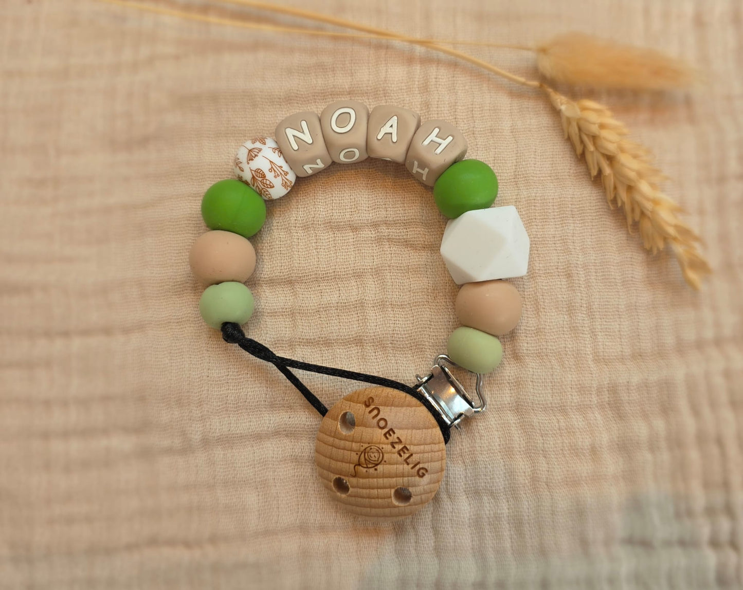 Speenkoord met naam siliconen groen wit