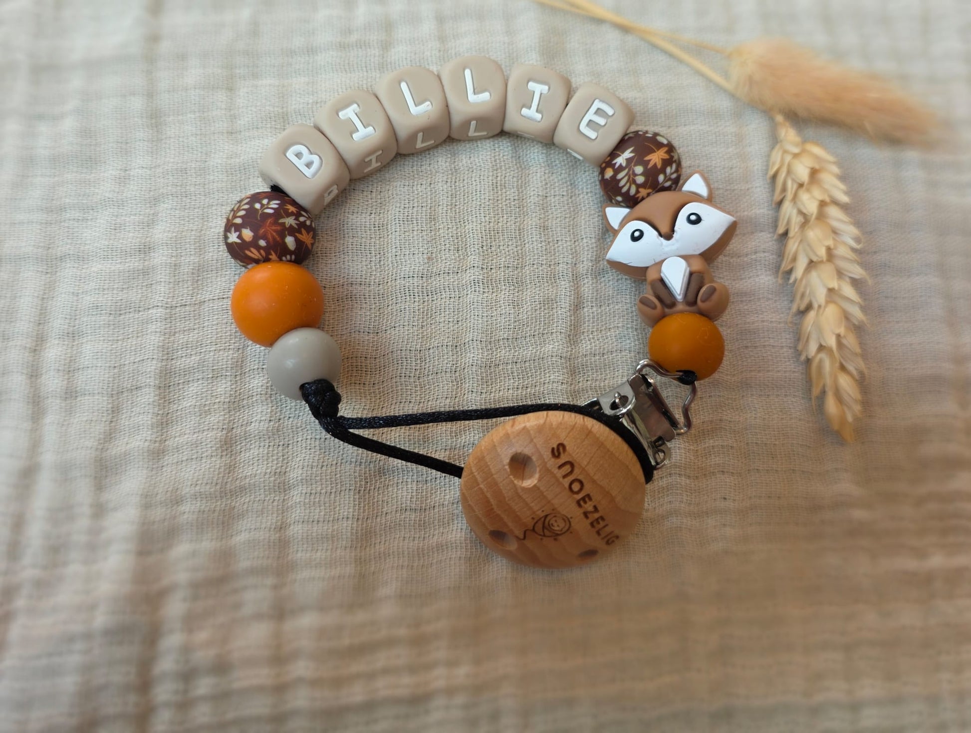 Speenkoord met naam siliconen herfst vosje Snoezelig