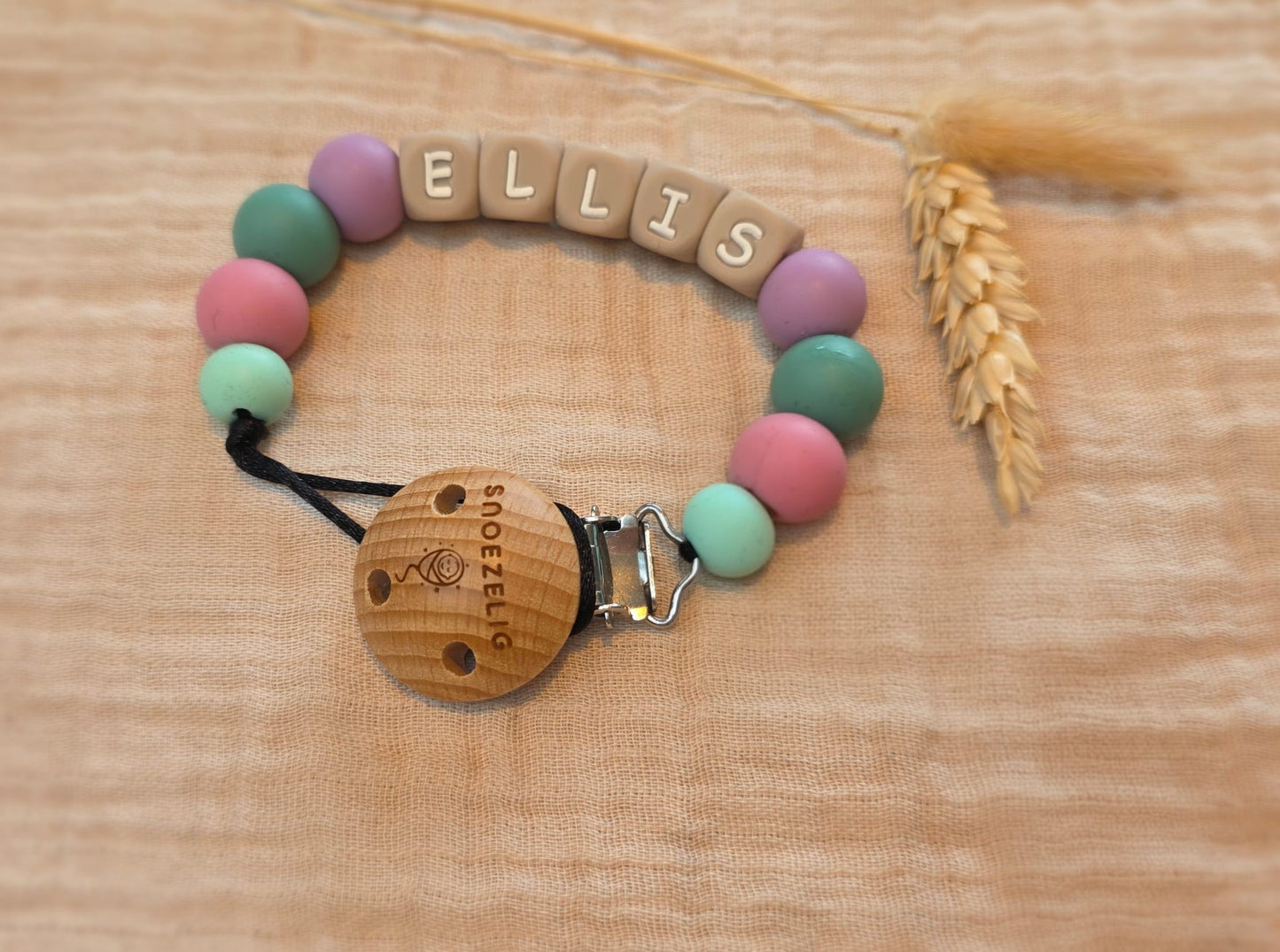 Speenkoord met naam pastel siliconen Snoezelig