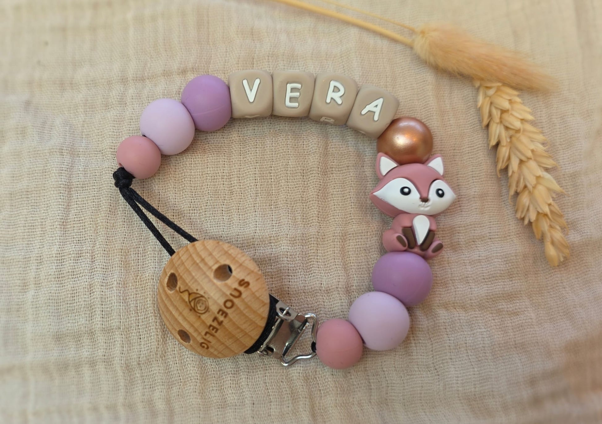 Speenkoord met naam siliconen roze vosje Snoezelig