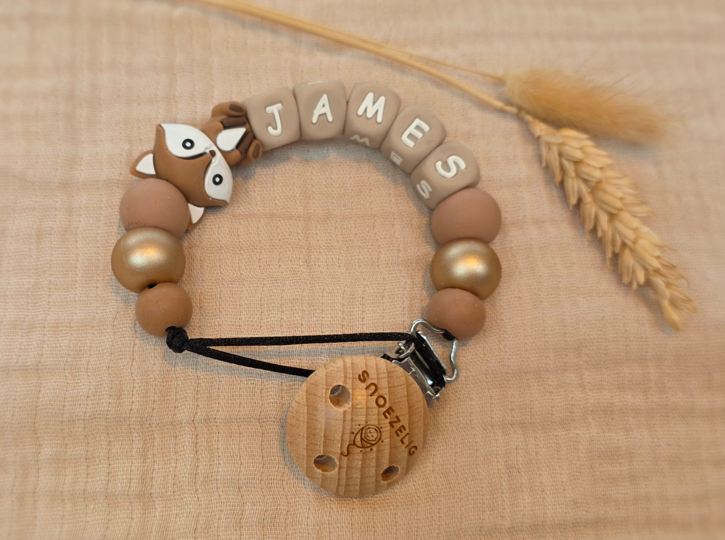 Speenkoord met naam siliconen vosje bruin 