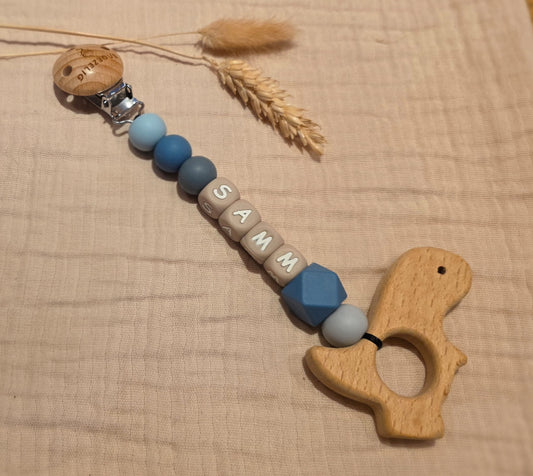 Wagenhanger met naam siliconen dino blauw Snoezelig