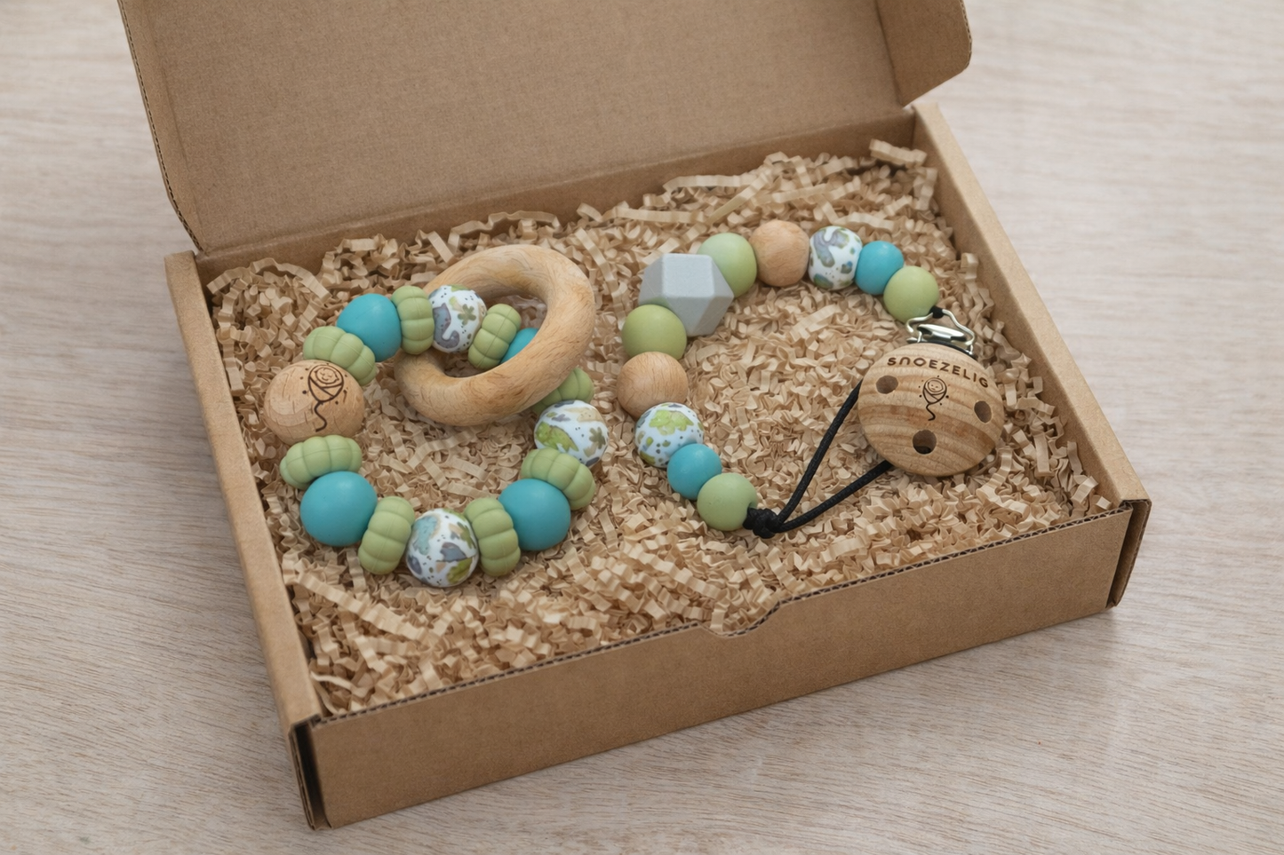 Cadeaupakket Mini • Bijtring & speenkoord (met naam)