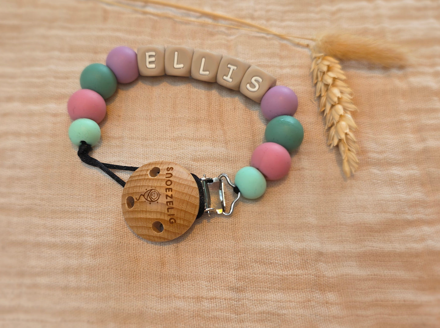 Speenkoord met naam - hout & siliconen