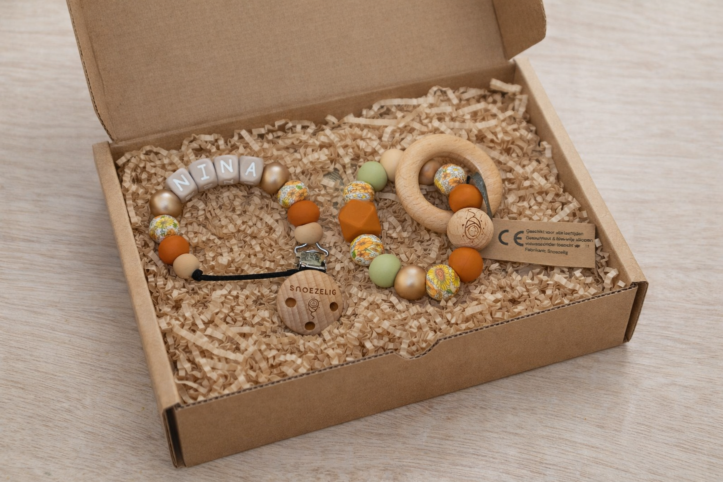 Cadeaupakket Mini • Bijtring & speenkoord (met naam)